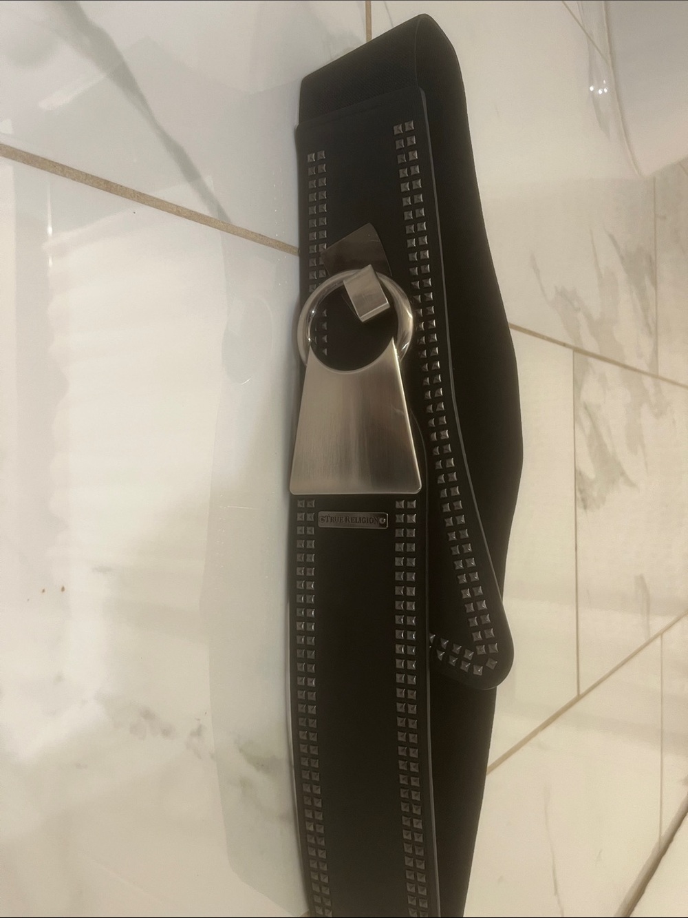True Religion Black Stretch Belt with Silver Ring Buckle and Stud Trim